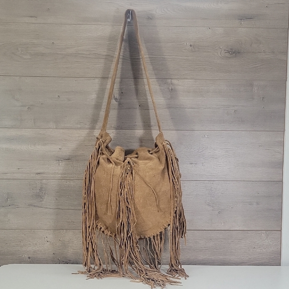 Raj Handbags - Raj for Anthropologie Boho Fringe Suede Bucket Crossbody Bag - Tan